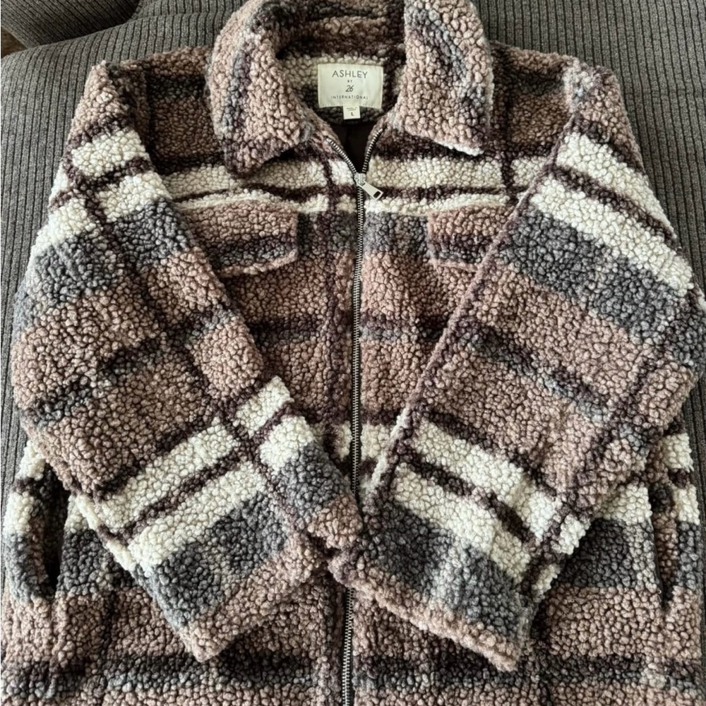 Ashley By 26 International Women's Checkered Teddy Jacket - Brown and Cream